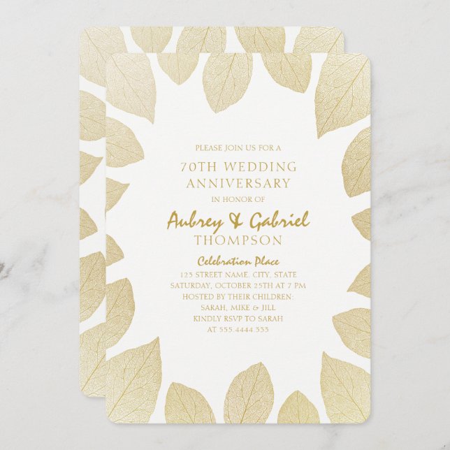 Elegant 70th Wedding Anniversary Golden Leaves Invitation (Front/Back)
