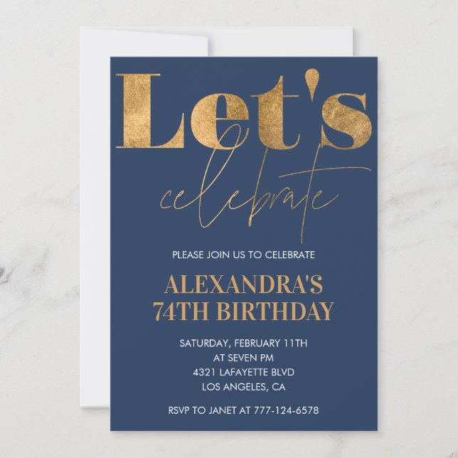 Elegant 74th birthday invitations Navy Blue Gold  (Front)