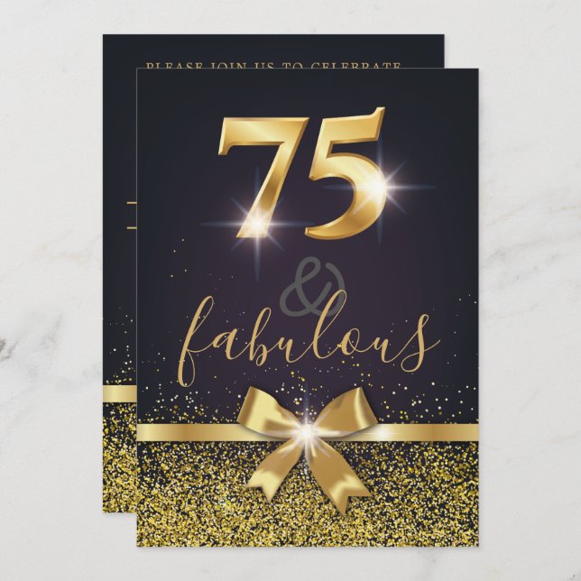 Elegant 75 & Fabulous Gold Glitter 75th Birthday Invitation (Front/Back)