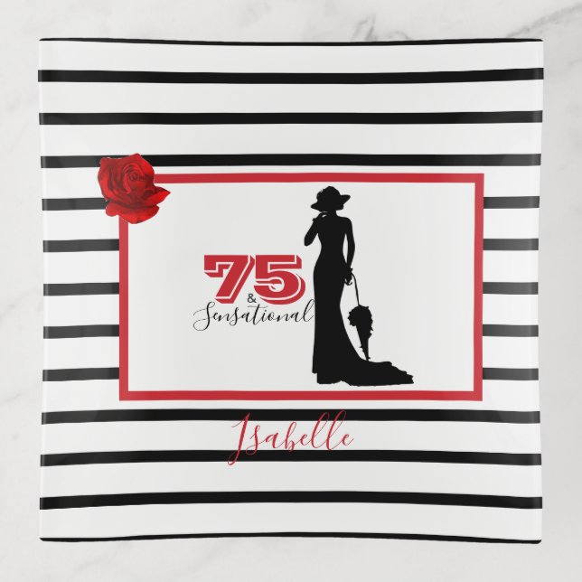 Elegant 75 & SENSATIONAL 75th Birthday Black/Red Trinket Tray (Front)