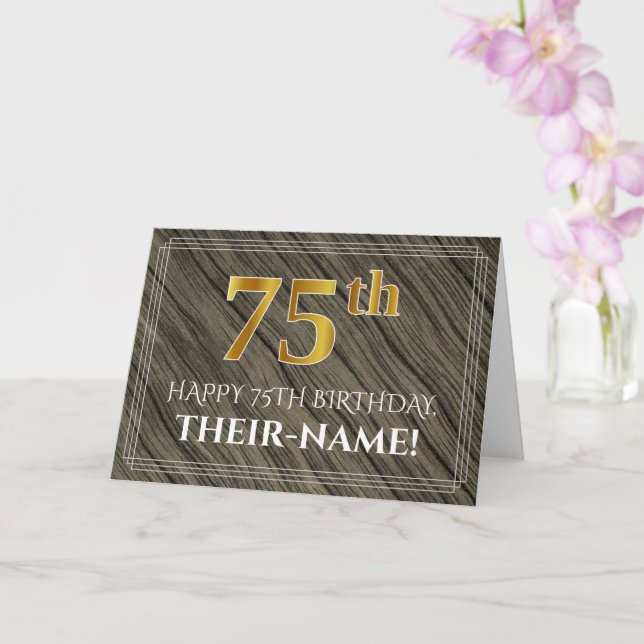 Elegant 75th Birthday: Faux Wood, Faux Gold Look Card (Orchid)