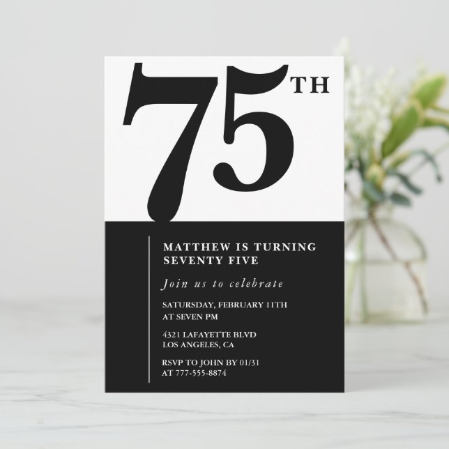 Elegant 75th birthday invitation Black Chic Modern (Standing Front)
