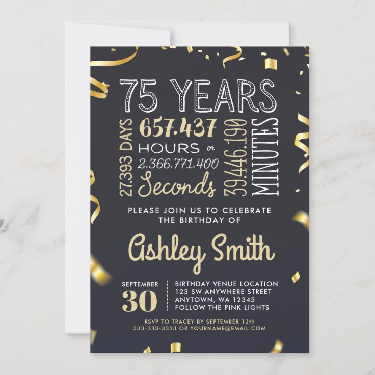 Elegant 75th Birthday Invitation Gold Glitter | Zazzle