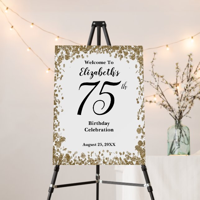 Elegant 75th Birthday Invitation With Gold Sequins Foam Board (In Situ (Stand))