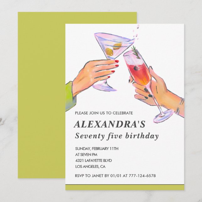 Elegant 75th birthday invitations Cocktail Party (Front/Back)