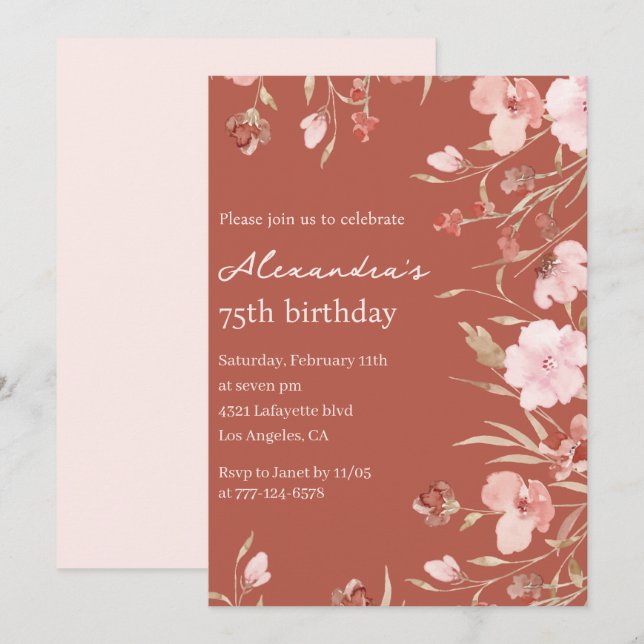 Elegant 75th birthday invitations Floral Chic  (Front/Back)