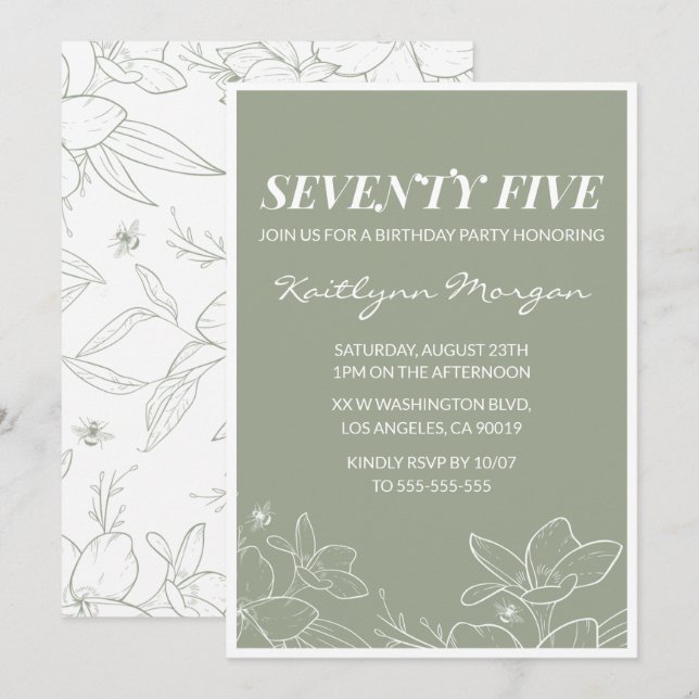 Elegant 75th birthday invitations Floral Green (Front/Back)