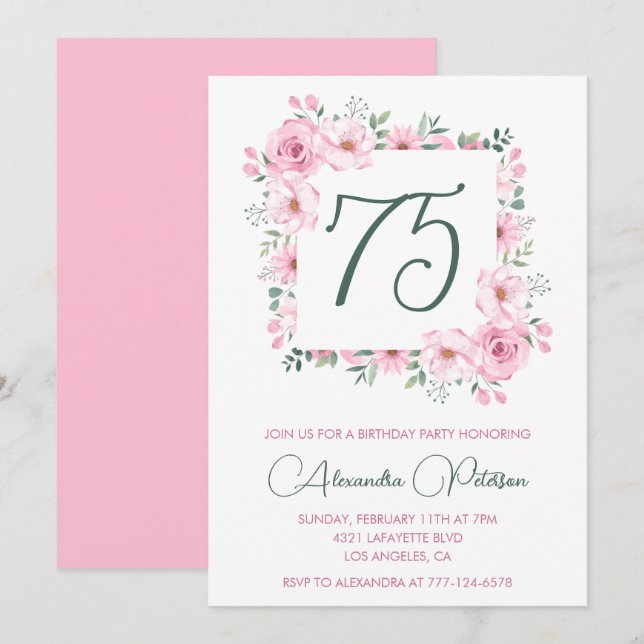 Elegant 75th birthday invitations Floral  Pink (Front/Back)
