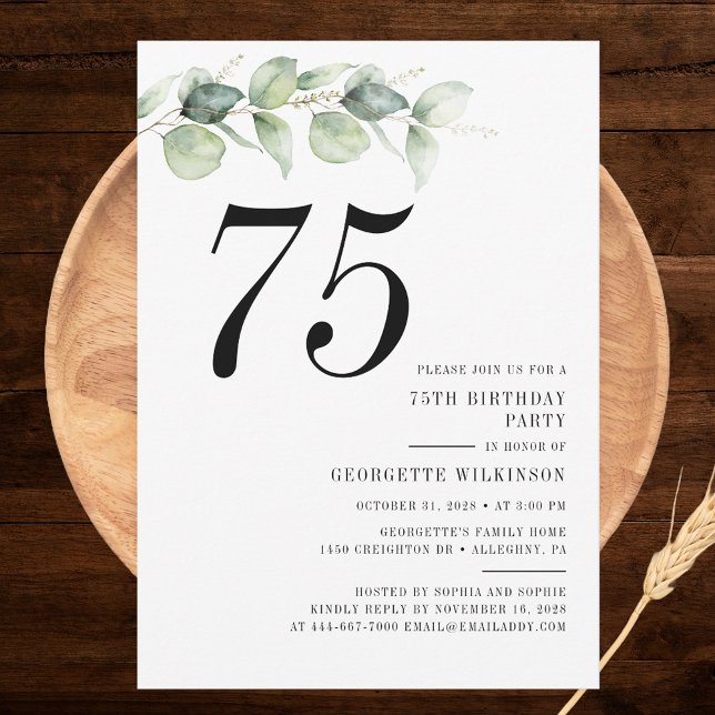 Elegant 75th Birthday Party Invitation (Elegant Eucalyptus Minimalist 75th Birthday Party Invitation)