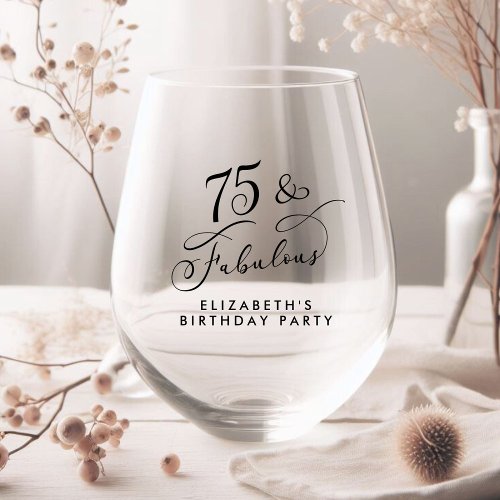 Elegant 75th Birthday Party Stemless Wine Glass