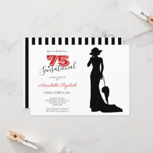 Elegant 75th Birthday Red/Black 75 & SENSATIONAL I Invitation