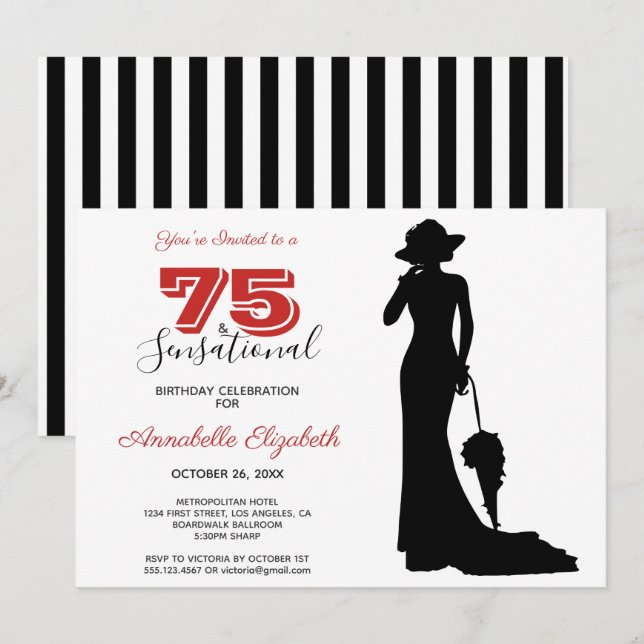 Elegant 75th Birthday Red/Black 75 & SENSATIONAL I Invitation (Front/Back)