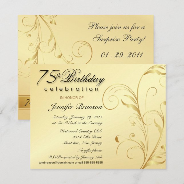 Elegant 75th Birthday Surprise Party Invitations (Front/Back)