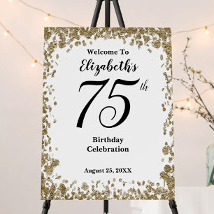 Elegant 75th Birthday Welcome Sign Gold Sequins