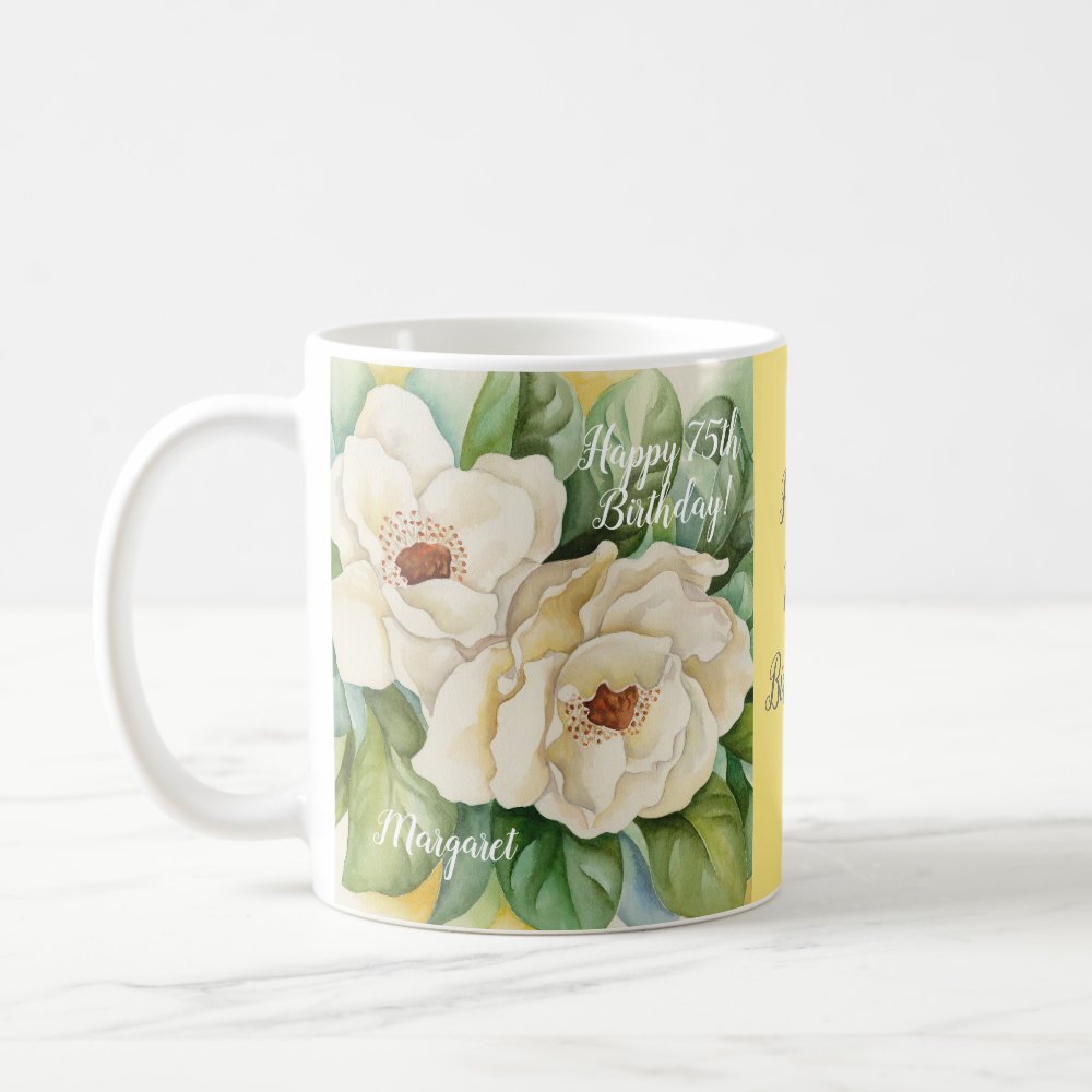 Discover Elegant 75th Birthday Yellow Floral Magnolia Custom Name Coffee Mug