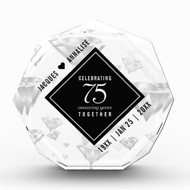 Elegant 75th Diamond Wedding Anniversary Acrylic Award (Front)