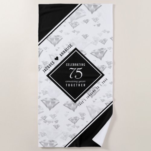 Elegant 75th Diamond Wedding Anniversary Beach Towel