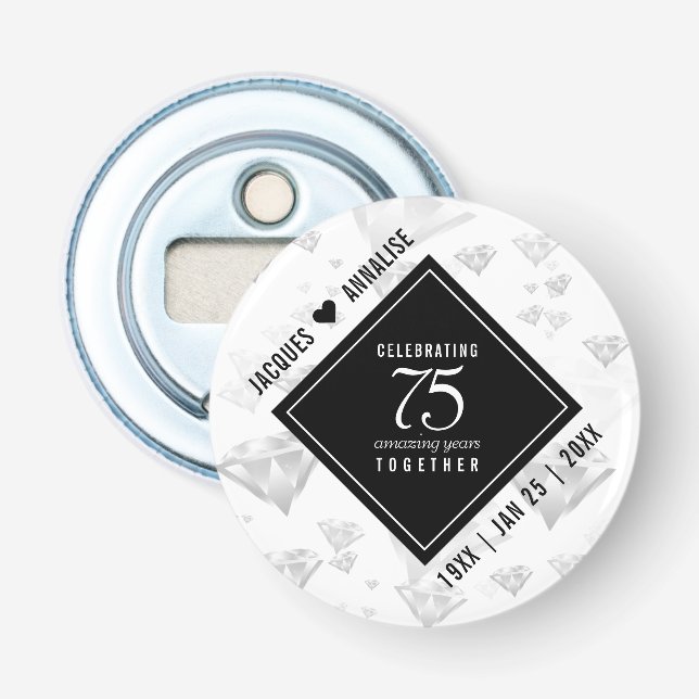 Elegant 75th Diamond Wedding Anniversary Bottle Opener (Front)
