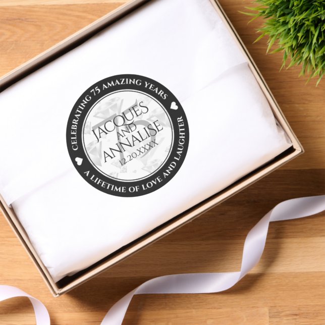 Elegant 75th Diamond Wedding Anniversary Classic Round Sticker (Tissue Paper)