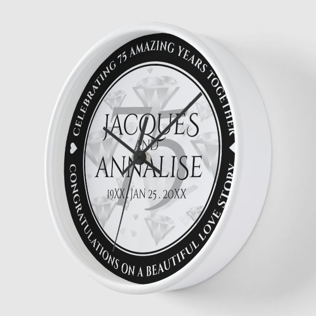 Elegant 75th Diamond Wedding Anniversary Clock (Angle)