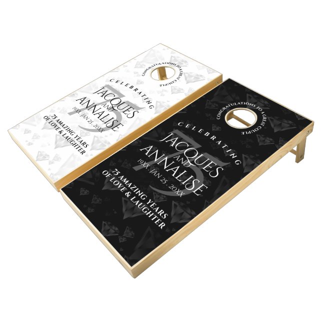 Elegant 75th Diamond Wedding Anniversary Cornhole Set (Angled)
