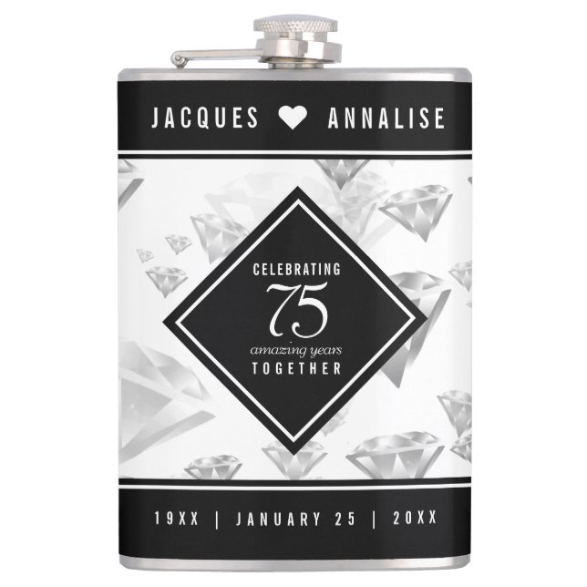Elegant 75th Diamond Wedding Anniversary Flask (Front)