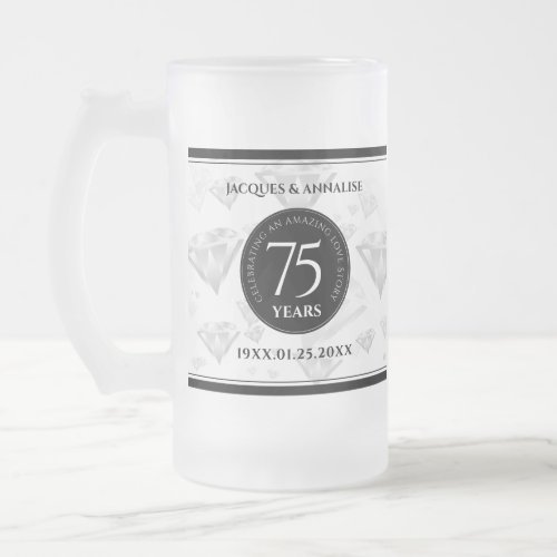 Elegant 75th Diamond Wedding Anniversary Frosted Glass Beer Mug