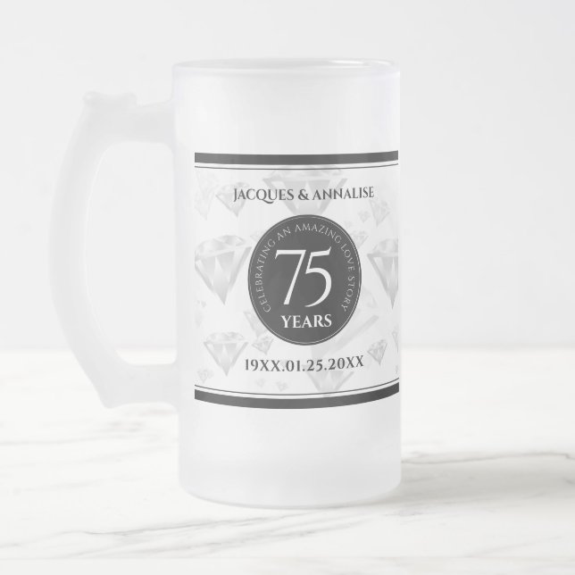 Elegant 75th Diamond Wedding Anniversary Frosted Glass Beer Mug (Left)