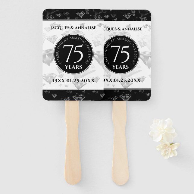 Elegant 75th Diamond Wedding Anniversary Hand Fan (Front and Back)