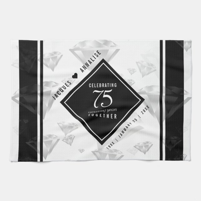 Elegant 75th Diamond Wedding Anniversary Kitchen Towel (Horizontal)