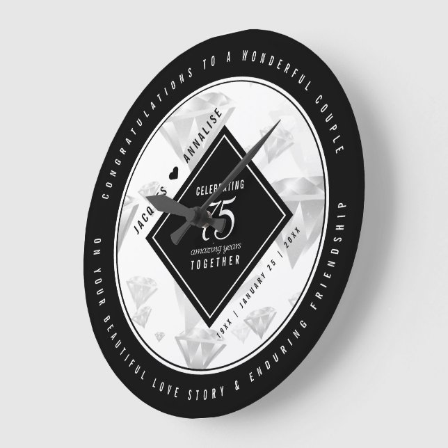 Elegant 75th Diamond Wedding Anniversary Large Clock (Angle)