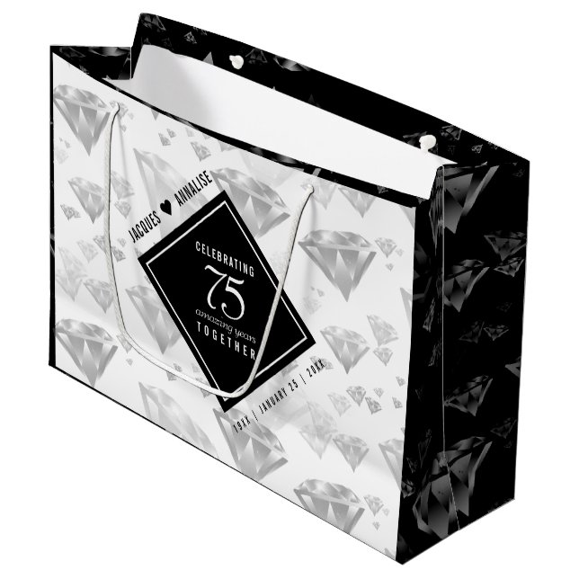 Elegant 75th Diamond Wedding Anniversary Large Gift Bag (Front Angled)