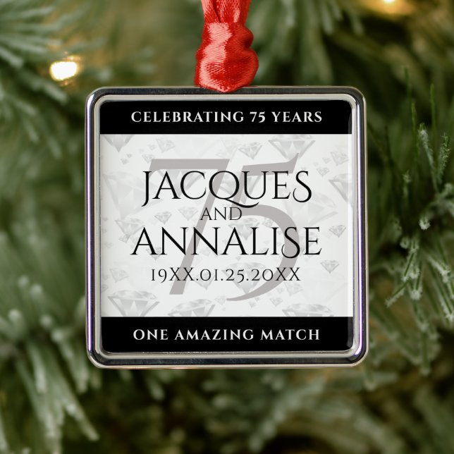 Elegant 75th Diamond Wedding Anniversary Metal Ornament (Tree)