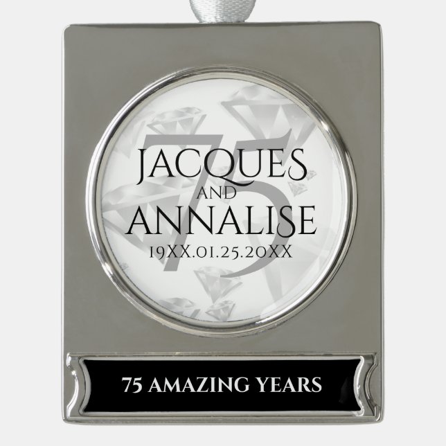 Elegant 75th Diamond Wedding Anniversary Silver Plated Banner Ornament (Front)