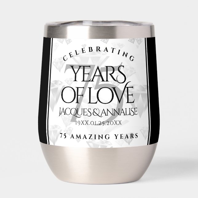 Elegant 75th Diamond Wedding Anniversary Thermal Wine Tumbler (Back)