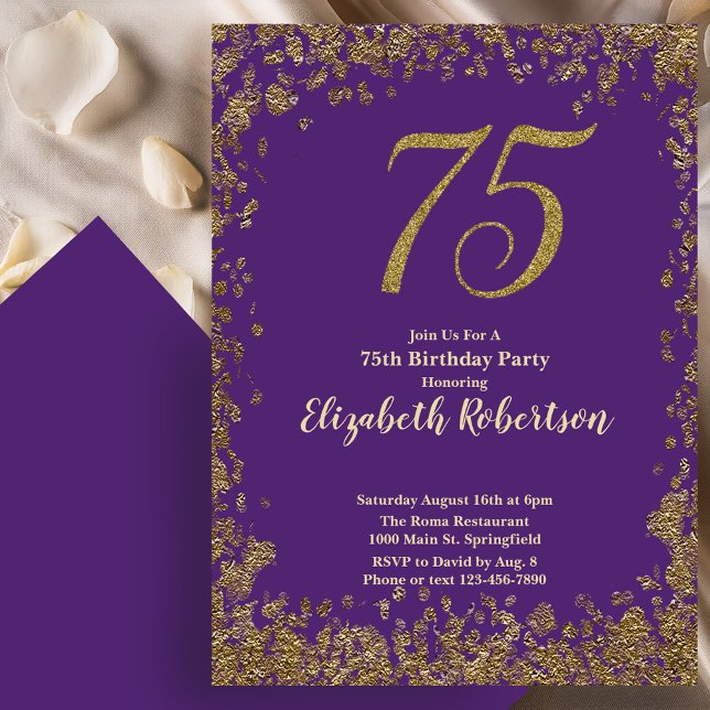 Elegant 75th Purple Gold Birthday Invitation (Creator Uploaded)