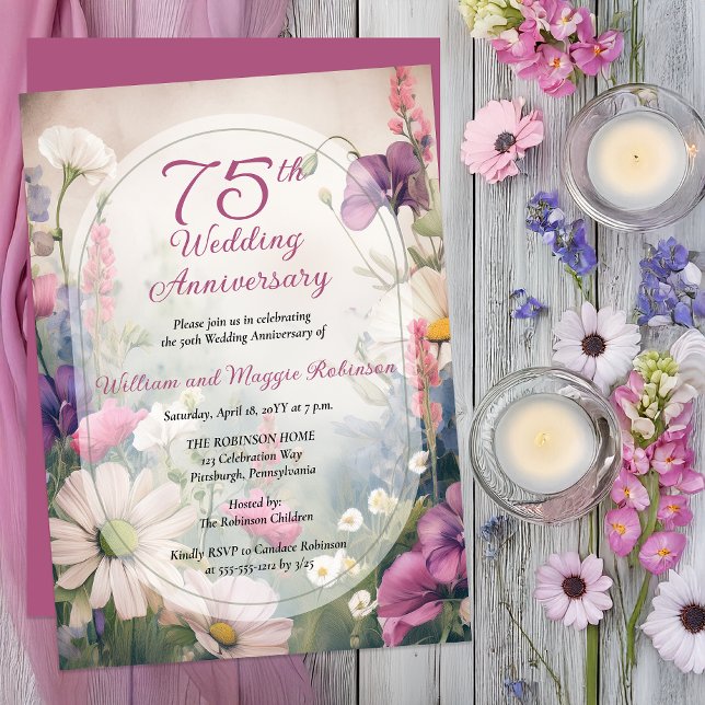 Elegant 75th Wedding Anniversary Party Floral Invitation (Elegant 75th Wedding Anniversary Invitation with Soft Spring Florals and Arch Frame -Print | Digital)
