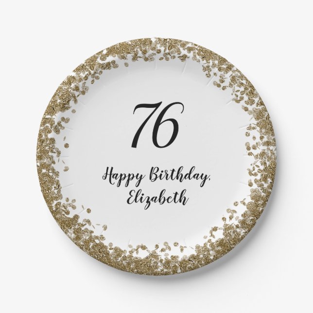 Elegant 76th Birthday Plates With Gold Sequins (Front)