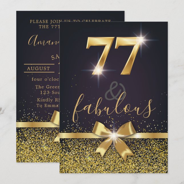 Elegant 77 & Fabulous Gold Glitter 77th Birthday Invitation (Front/Back)