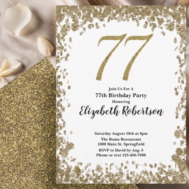 Elegant 77th Birthday Invitation With Gold Sequins (Creator Uploaded)