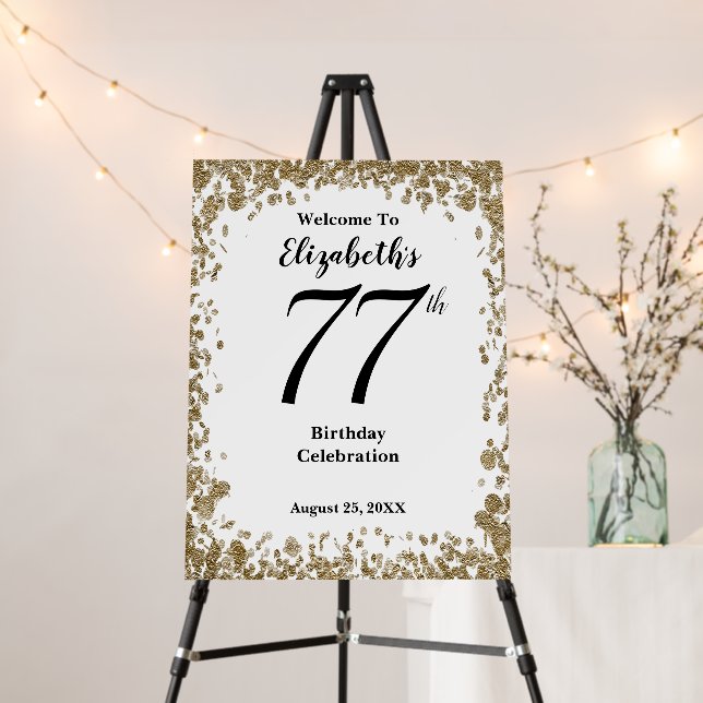 Elegant 77th Birthday Invitation With Gold Sequins Foam Board (In Situ (Stand))