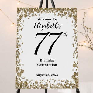Elegant 77th Birthday Welcome Sign Gold Sequins