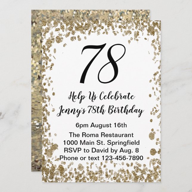 Elegant 78th Birthday Invitation in black and gold (Front/Back)
