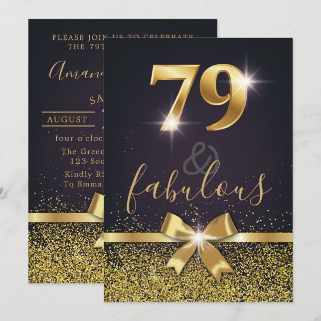 Elegant 79 & Fabulous Gold Glitter 79th Birthday Invitation (Front/Back)