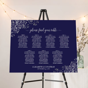 Elegant 7 Table Navy Blue & Silver Seating Chart Foam Board