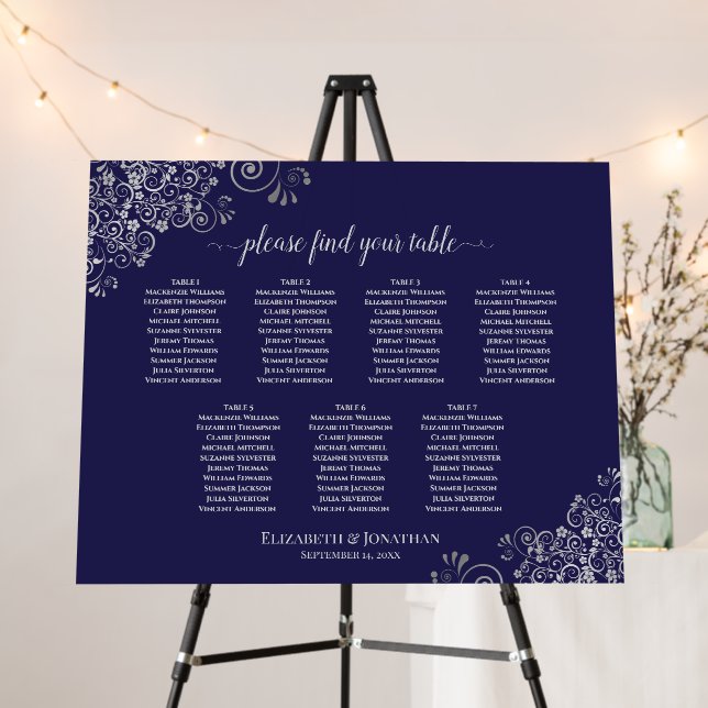 Elegant 7 Table Navy Blue & Silver Seating Chart Foam Board (In Situ (Stand))