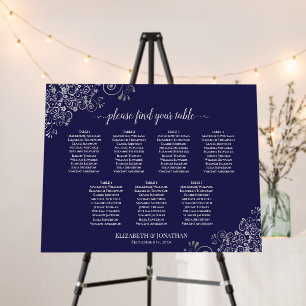 Elegant 7 Table Navy Blue & Silver Seating Chart Foam Board