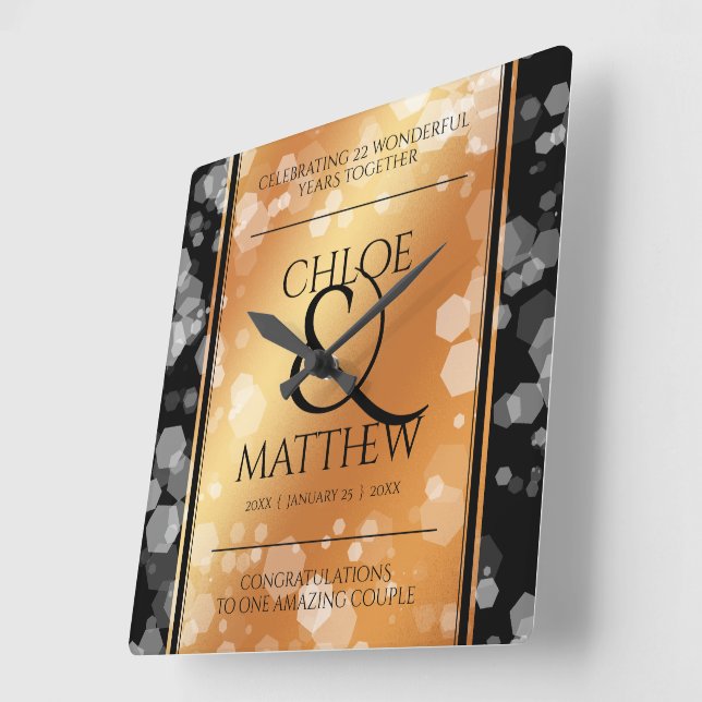 Elegant 7th 22nd 49th Copper Wedding Anniversary Square Wall Clock (Angle)