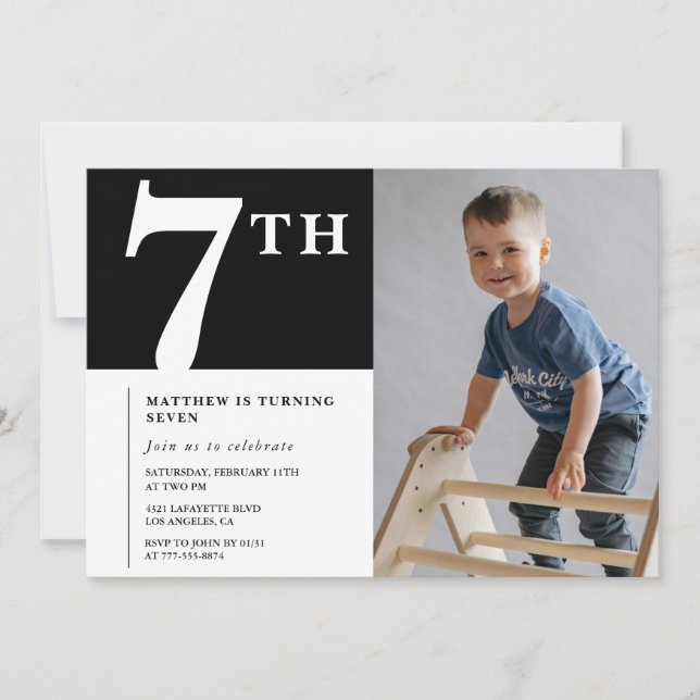 Elegant 7th birthday invitation Black Boy Photo (Front)
