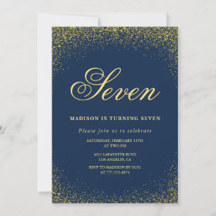 Elegant 7th birthday invitation Gold Navy Glam